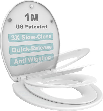 1M Family Toilet Seat, Patented Slow Close & Quick Releasing Technology, Anti-Wiggling, Easy to Install and Clean, Standard Elongated with Toddler Seat Built In (1 Piece)