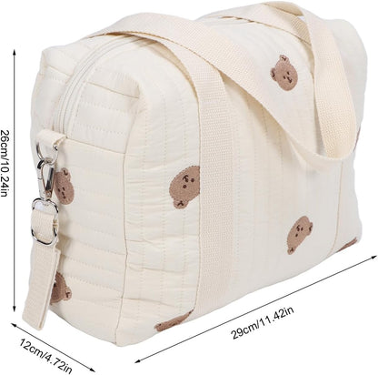 SUNGOOYUE Baby Stroller Storage Bag, Large Capacity Hanging Organizer with Zipper Pockets Cotton Stroller Bag for Mom Essentials Diapers Toys (Bear Bag)