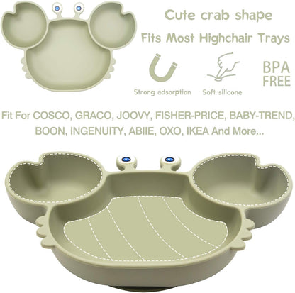 Silicone Suction Plate for Toddlers with Fork Spoon Set - Self Feeding Training Divided Plate Dish and Bowl for Baby and Toddler, Fits for Most Highchairs Trays (Green)