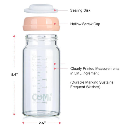 COMI Wide Neck Glass Breastmilk Collection n Storage Bottle, 4 Packs,10oz with Screw Ring Sealing Disk,Re-markable Sealing Disc,BPA Free,Fits Breast Pumps&Nipples(4 Green Lids)