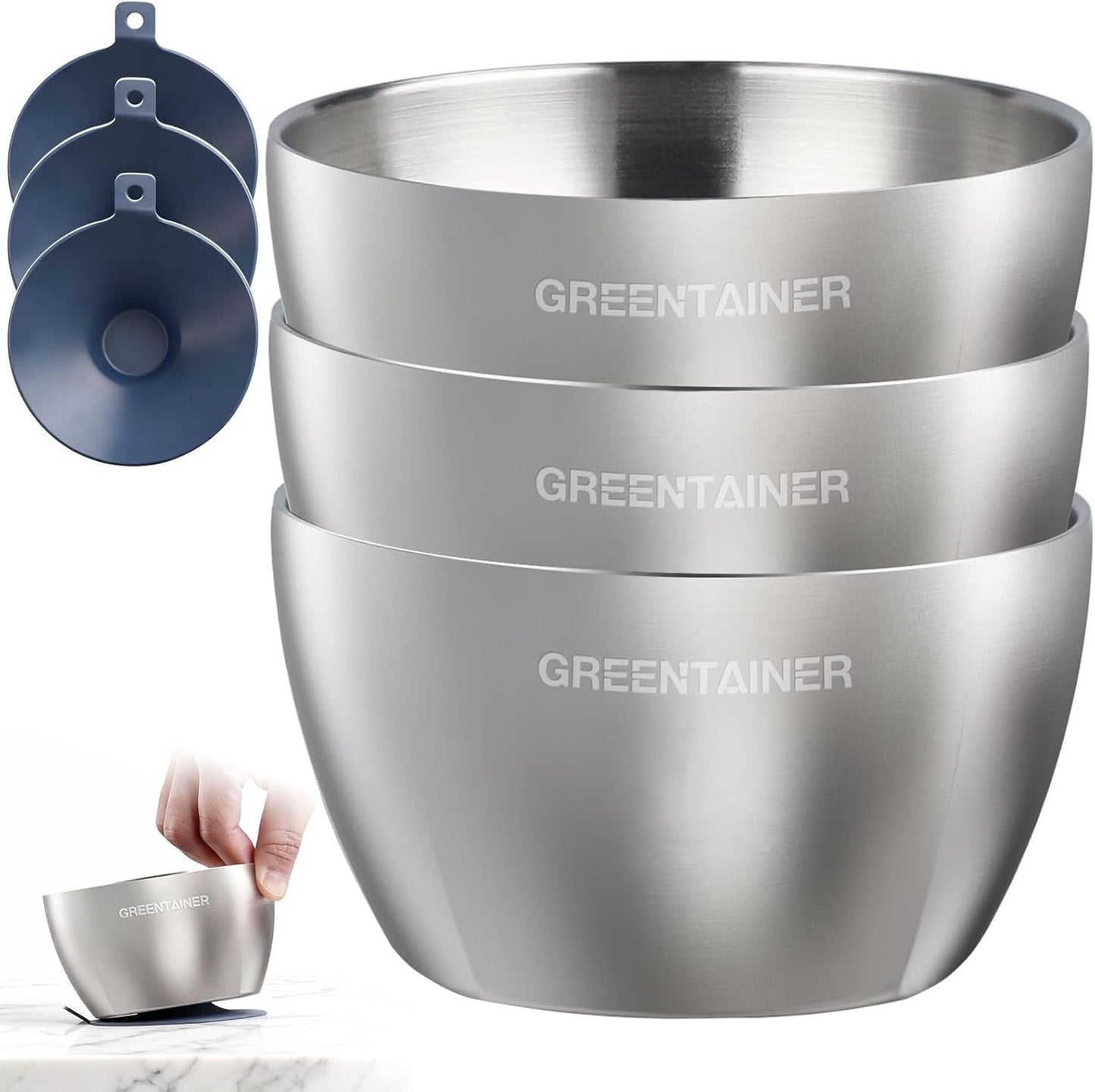 Greentainer Stainless Steel Baby Bowl Set of 3, Double Wall Insulated, Unbreakable Toddler Bowls with Removable Silicone Suction Base, Non-Slip, Dishwasher Safe, BPA-Free for Infants 6+ Months (Green)