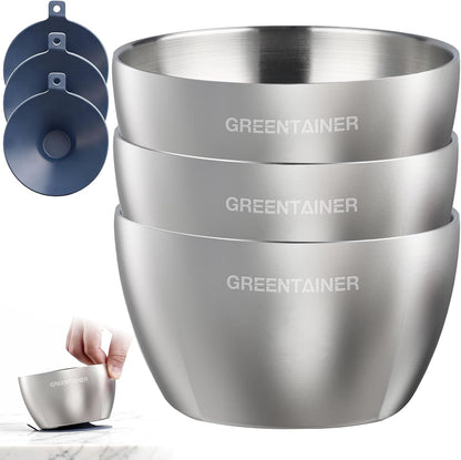 Greentainer Stainless Steel Baby Bowl Set of 3, Double Wall Insulated, Unbreakable Toddler Bowls with Removable Silicone Suction Base, Non-Slip, Dishwasher Safe, BPA-Free for Infants 6+ Months (Green)