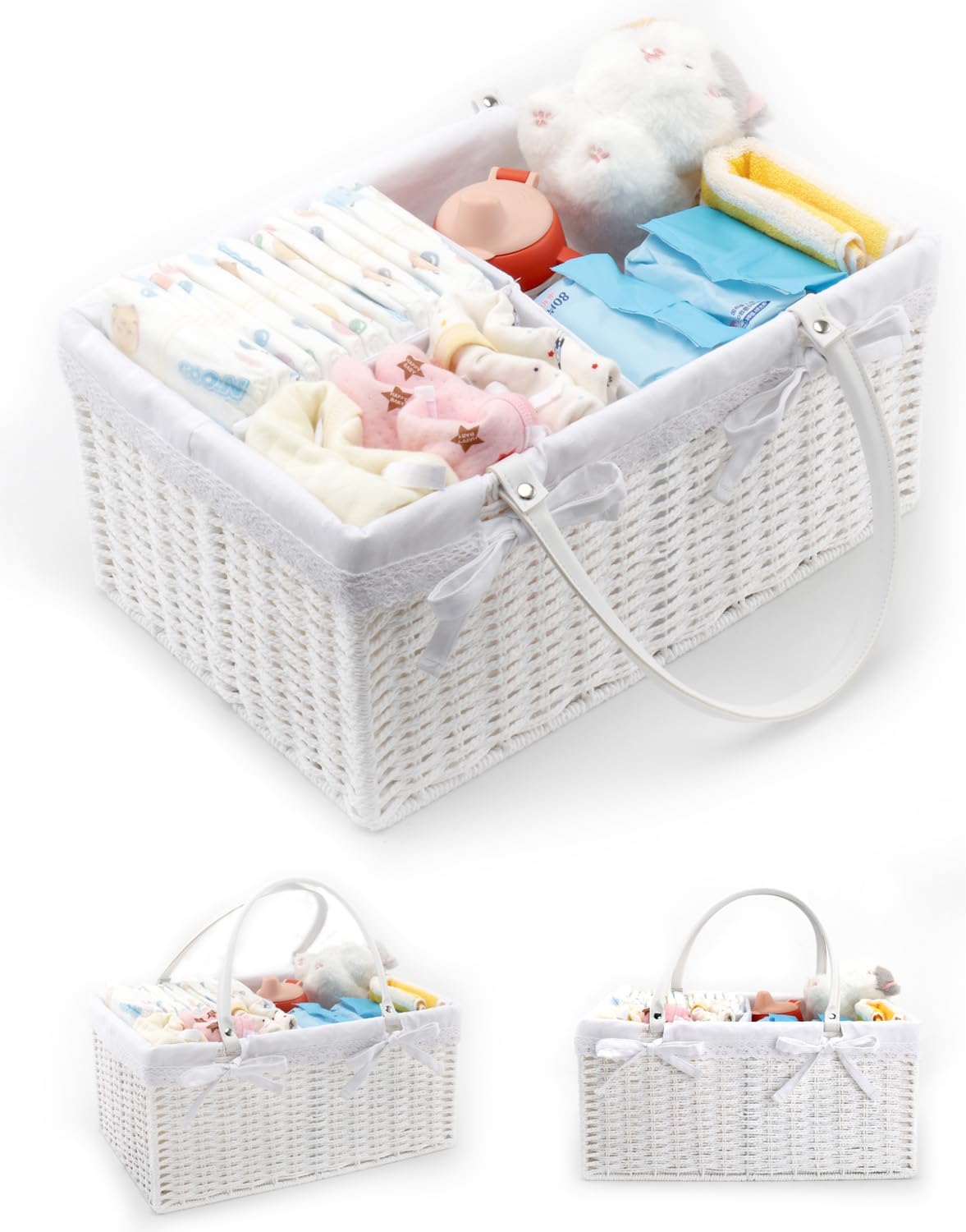 Large Baby Diaper Caddy Basket - Wicker Paper Rope Storage Baskets Portable Woven Car Organizer for Diapers With Cotton Divider Brown