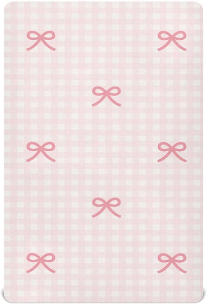 Fitted Crib Sheets Pink Checkered and Bows Stretchy Portable Playard Sheets for Baby Toddler, Breathable Soft Mini Crib Mattress 39 x 27 in for Boys and Girls
