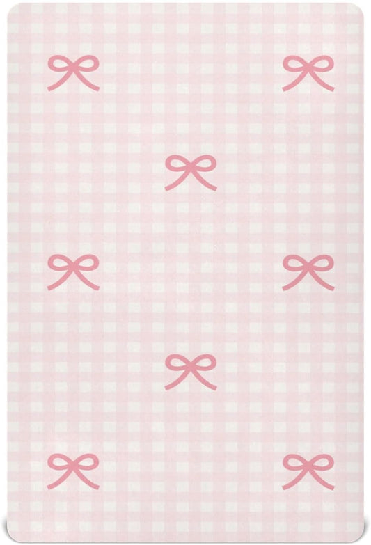 Fitted Crib Sheets Pink Checkered and Bows Stretchy Portable Playard Sheets for Baby Toddler, Breathable Soft Mini Crib Mattress 39 x 27 in for Boys and Girls