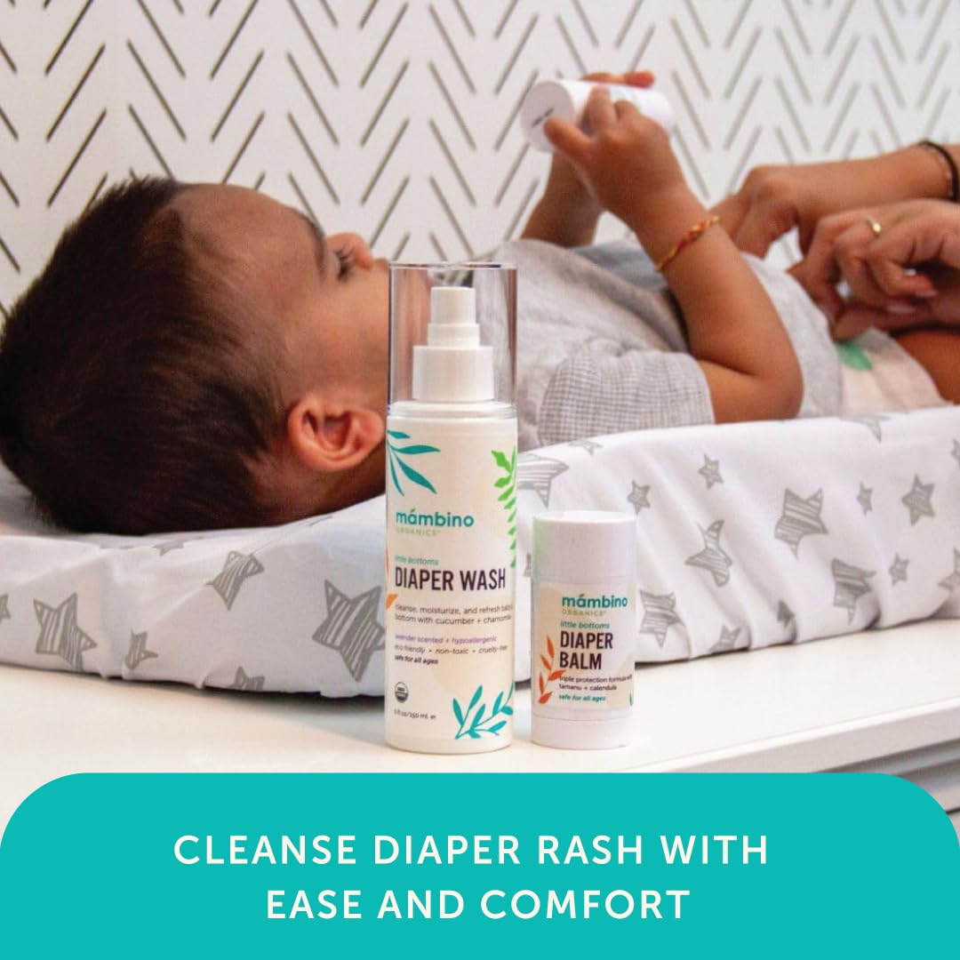 Mambino Organics Diaper Area Wash, Gentle No-Rinse Diaper Rash Spray for Sensitive Skin, Baby Cleansing Water with Organic Chamomile, Vegan, Safe for Newborns, 5 fl oz