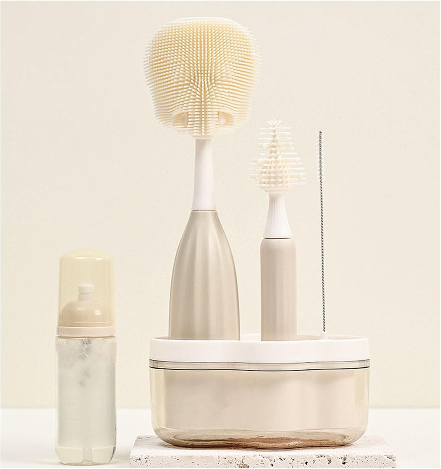 Baby Bottle Brush Kit with Push-Press Bubble and Drying Rack for Bottle Cleaning, Bendable Bottle Cleaner Brush for Baby Bottles, Breast Pumps, Nipples, Straws and More. Perfect for Home&Travel (Pink)