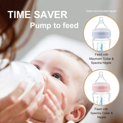 Maymom Wide-Mouth Milk Storage Feeding Collection Bottle with Nipple, Dome Cap, Bottle Top, SureSeal Sealing Disk; Compatible with Spectra Pump/Motif Luna; 5 pc (4.7Oz/140mL)