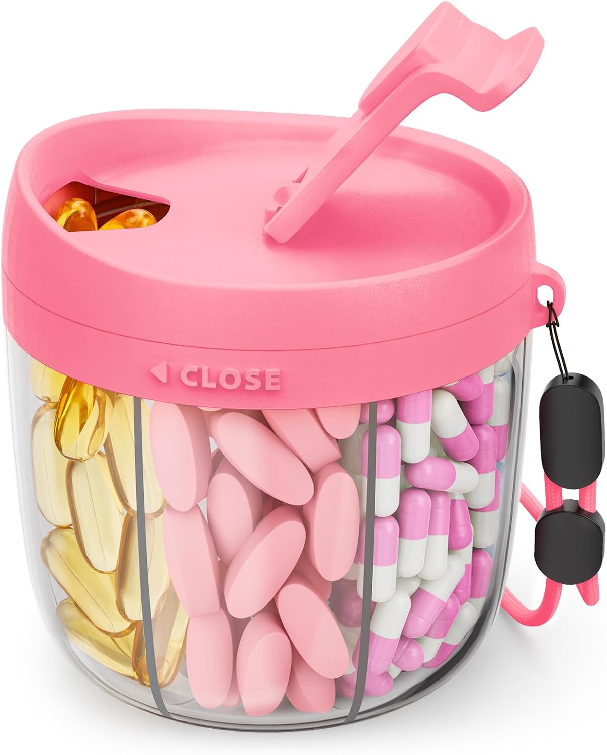 AMOOS Cute Pill Dispenser with 7 Compartments, Pill Bottle Organizer with Anti-Mix Design, Portable Pill Organizer for Travel with Wide Mouth for Easy Access, BPA-Free Patented Pill Container, Pink