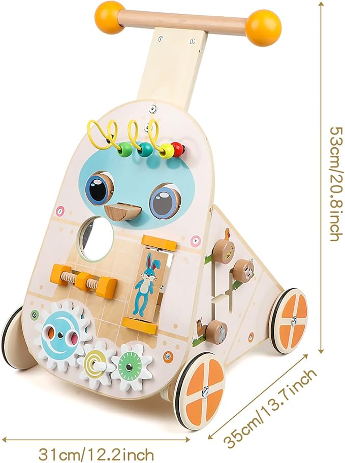 Wooden Baby Walker, Adjustable Speed Push and Pull Learning Activity Walker, Toddler Push Walker Activity Center Toys with 7 Educational Activities for Boys Girls 1 2 3 Year Old
