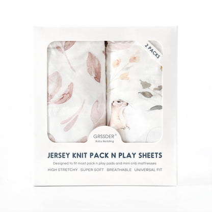 GRSSDER Stretch Ultra Soft Jersey Knit Fitted Pack n Play Playard Sheets Set 2 Pack，Fits Portable/Mini Cribs Sheets, Playards Mattress Pads, Stylish Watercolor Animals for Baby, Mint Green