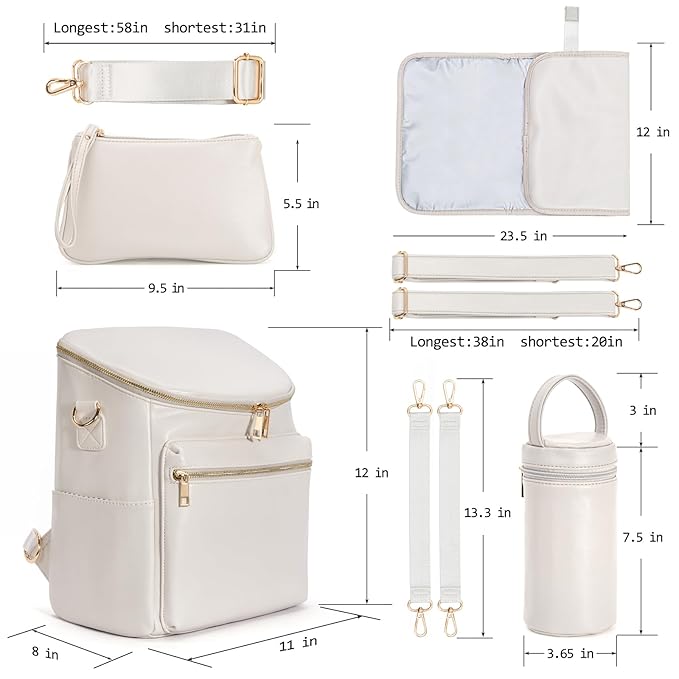 Minsong Diaper Bag Backpack, Fashion Leather Mommy Backpacks, Travel Baby Diaper Bags with in Bag Organizer and Changing Pad (Pearl White)