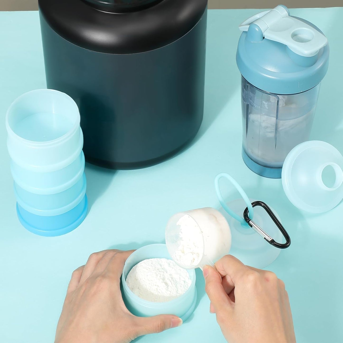 Baderke 2 Pcs Protein Powder Containers with Funnels Stand, 5 and 3 Layers Stackable Powder Supplement Travel Container Formula Organizer Storage Powders Holder for Travel Workout Fitness(Blue)