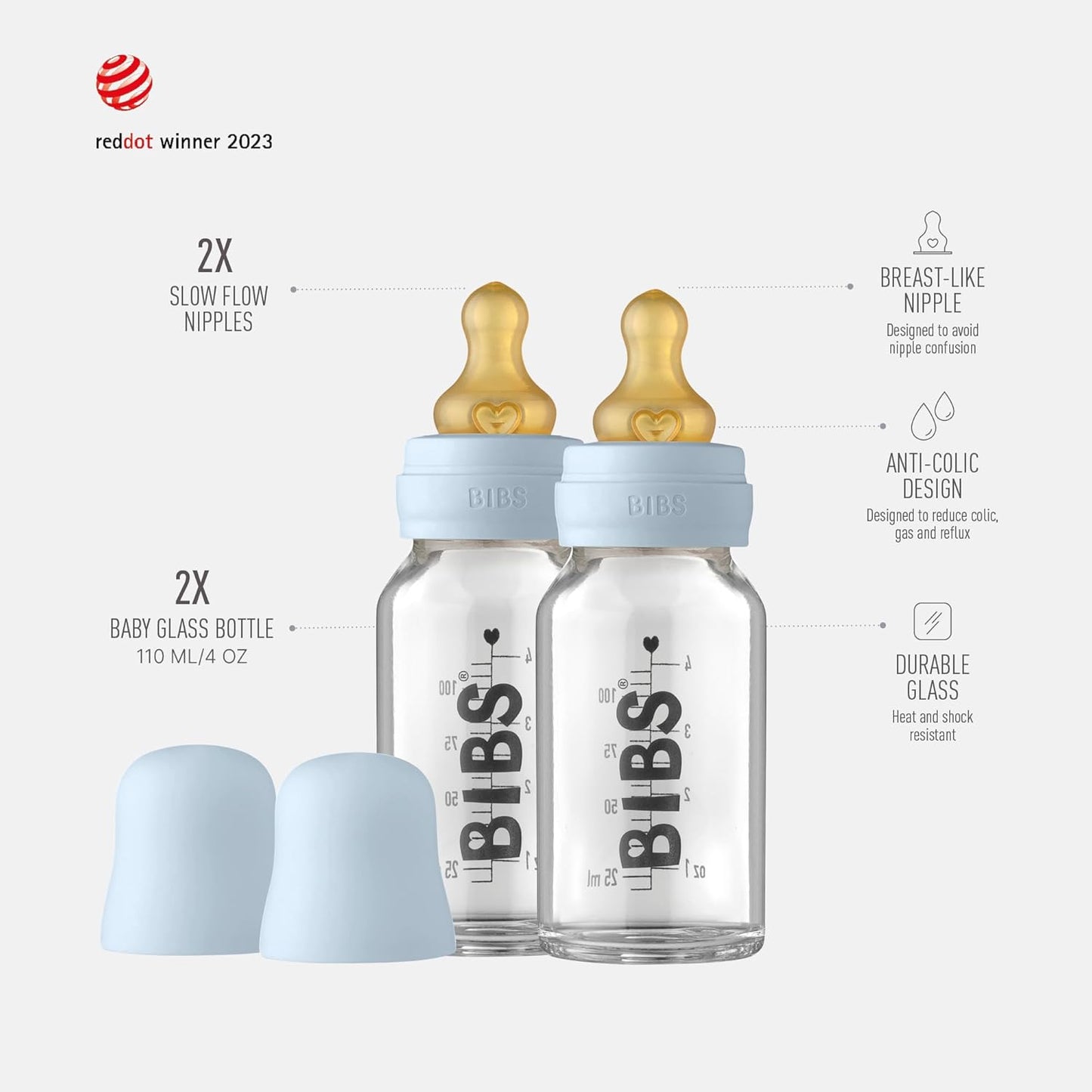 BIBS Baby Glass Bottle. Anti-Colic. Round Natural Rubber Latex Nipple. Supports Natural Breastfeeding, Complete Set - 110 ml, Cloud