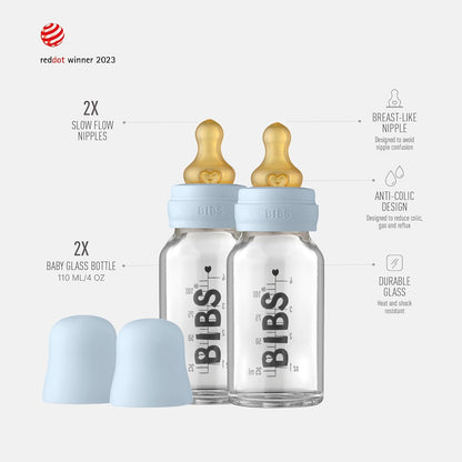 BIBS Baby Glass Bottle. Anti-Colic. Round Natural Rubber Latex Nipple. Supports Natural Breastfeeding, Complete Set - 110 ml, Cloud