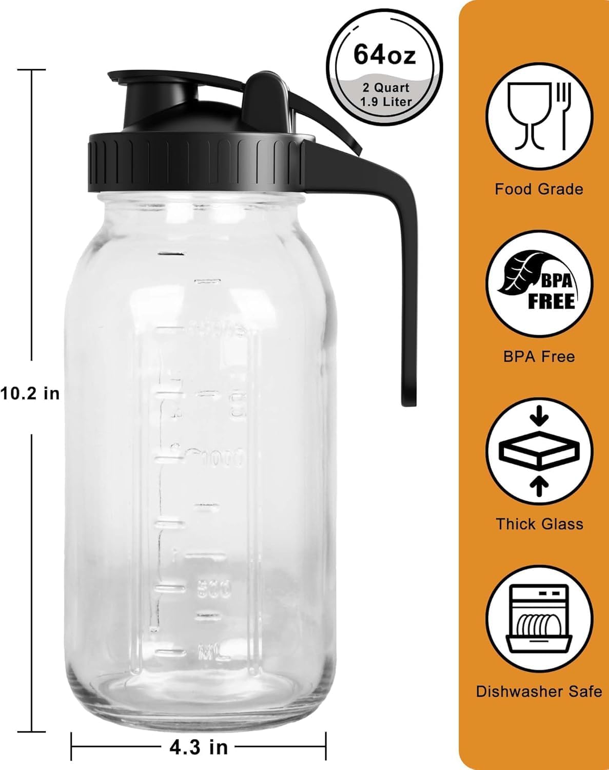 32oz Breast Milk Pitcher with Lid - Airtight Leakproof Glass Storage with Flip Cap & Pour Spout, Wide Mouth 1 Quart Breastmilk Storage Container Breastfeeding Essentials for Breastmilk, Formula, Milk