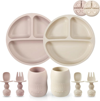 PandaEar Silicone Baby Feeding Set| 2 Pack Silicone Divided Suction Plate and 2 Pack Tiny Cup with 2 Spoons 2 Forks| Baby Led Weaning Supplies Self Feeding Eating Utensils (Light Tan/Walnut)