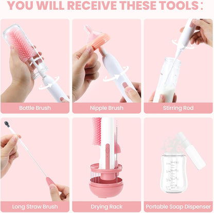 Electric Bottle Brush Cleaner,Rechargeable Baby Bottle Cleaning kit with Formula Mixer, Silicone Nipple&Straw Brush, Soap Dispenser, Drying Rack-IPX7 Waterproof,Long Battery Life for Home & Travel