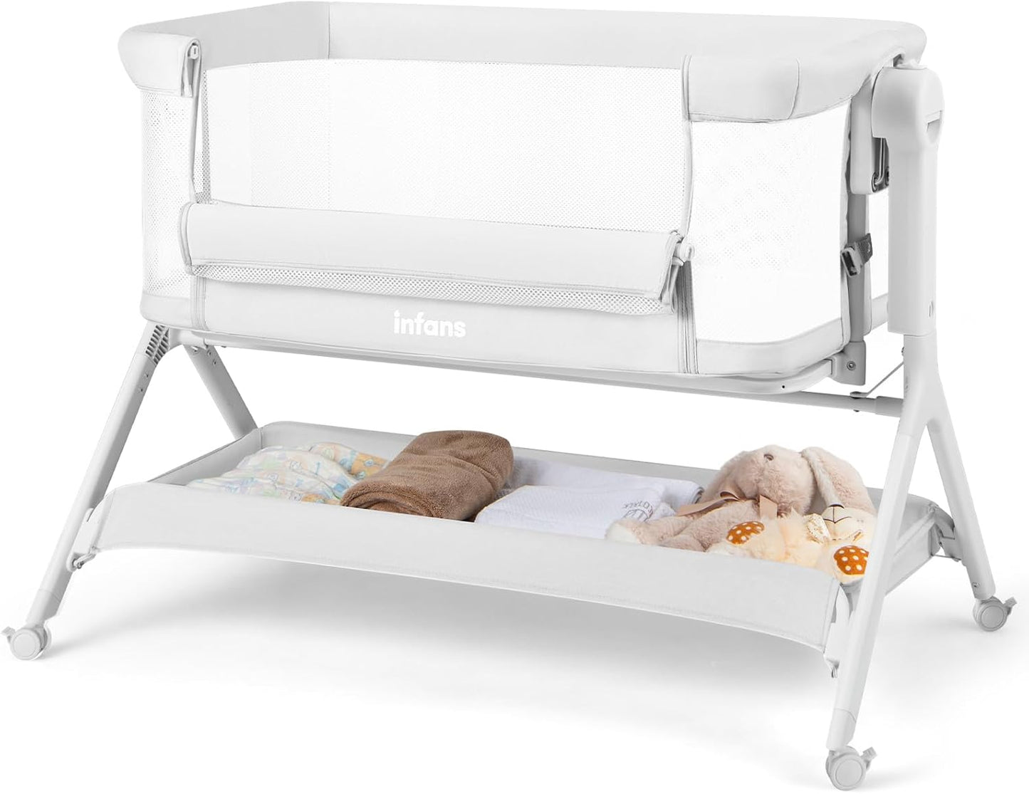 INFANS 5 in 1 Baby Bassinet, Upgraded Rocking Bedside Sleeper with Wheels, Storage Basket, Travel Bag, Mosquito Net, Height Adjustable, Portable All Mesh Crib for Newborn/Infant (Pink)