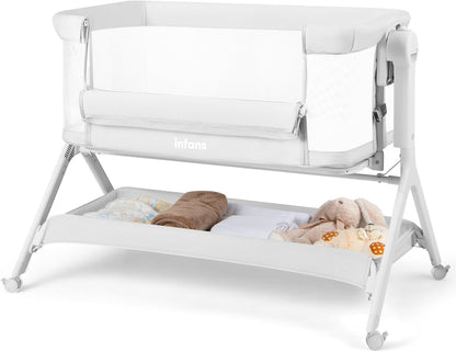 INFANS 5 in 1 Baby Bassinet, Upgraded Rocking Bedside Sleeper with Wheels, Storage Basket, Travel Bag, Mosquito Net, Height Adjustable, Portable All Mesh Crib for Newborn/Infant (Pink)