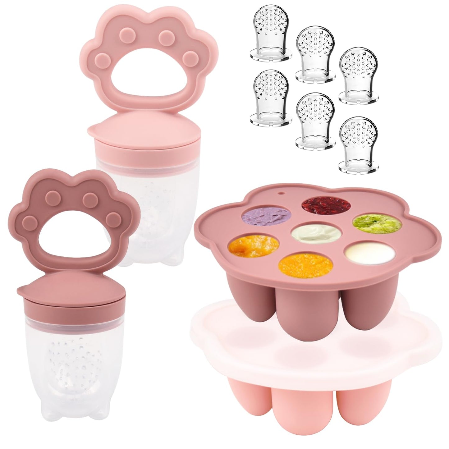Ginbear Baby Fruit Food Feeder & Popsicle Molds Combo (Set of 2), Silicone Teething Feeders with Freezer Tray for Infants 4 Months+ (Pink/Lilac)