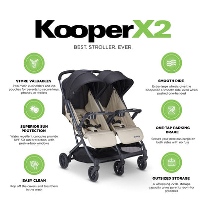 Joovy Kooper X2 Double Stroller, Lightweight Travel Stroller, Compact Fold with Tray, Black