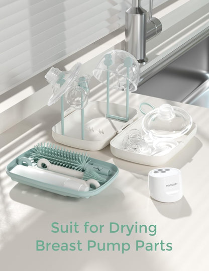 Momcozy Bottle Brush Set - Baby Bottle Cleaner Kit with Silicone Brush, Nipple Brush, Straw Brush, Soap Dispenser, Drying Rack - 7 in 1 Bottle Cleaning Tool for Home and Travel, Green