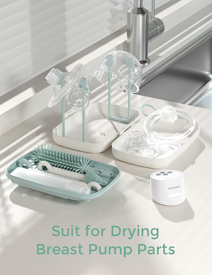 Momcozy Bottle Brush Set - Baby Bottle Cleaner Kit with Silicone Brush, Nipple Brush, Straw Brush, Soap Dispenser, Drying Rack - 7 in 1 Bottle Cleaning Tool for Home and Travel, Green