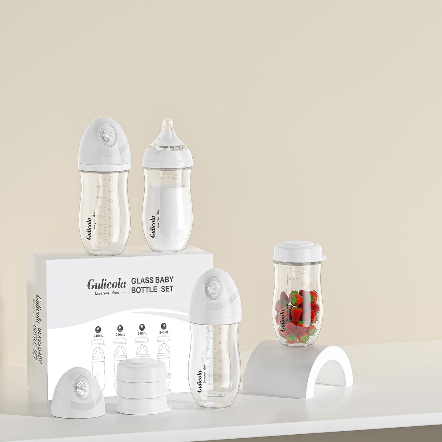 Gulicola Natural Glass Baby Bottle 4 Pack, Newborn Breastfeeding Bottles Set, Extra Slow Flow Nipples (SS), Anti Colic, 0 Months+, 5 oz - White