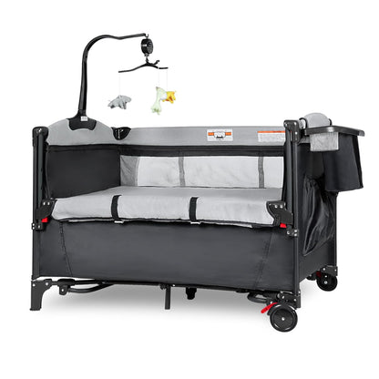 5-in-1 Pack and Play, Baby Bassinet Bedside Sleeper with U-Shaped Diaper Changer, Portable Toddler Playard for Newborn Toddlers, Baby Crib with 4 Adjustable Height, Carry Bag,Easy to Install (Grey)