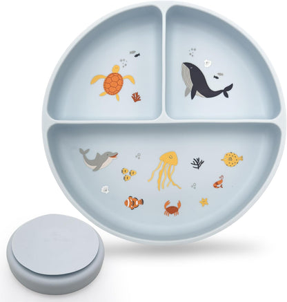 Silicone Suction Plates with Dividers - Grip Plates for Babies 6-12 Months and Toddlers 1-3, Toddler and Baby Dishes, Baby Led Weaning Essentials, Dishwasher Safe (Beige - Dogs and Cats)