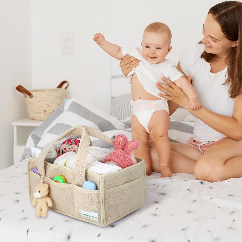 Buzz&Bloom Baby Teddy Diaper Caddy Organizer, Stylish Storage Basket for Newborn Essentials and Diaper Station, Gift for Baby Shower and Registry Must-Have (Beige)