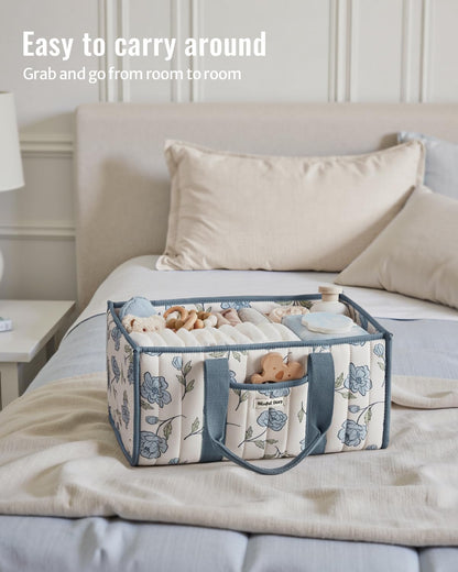 Blissful Diary Floral Diaper Caddy Organizer, Stylish Nursery Storage Basket, Gift for Baby Shower, Newborn Essentials, Floral Beige