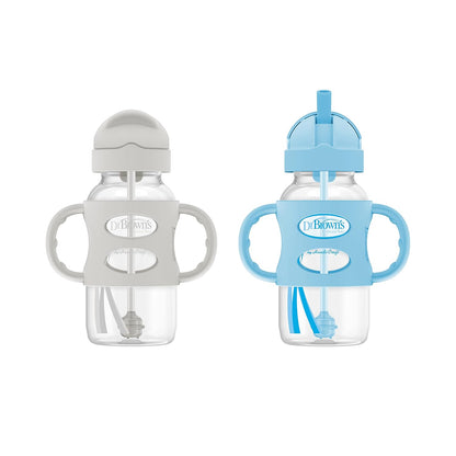 Dr. Brown's Milestones Wide-Neck Sippy Straw Bottle, Spill-Proof with 100% Silicone Handles and Weighted Straw, 9 oz/270 mL, Gray & Pink, 6m+, 2-Pack