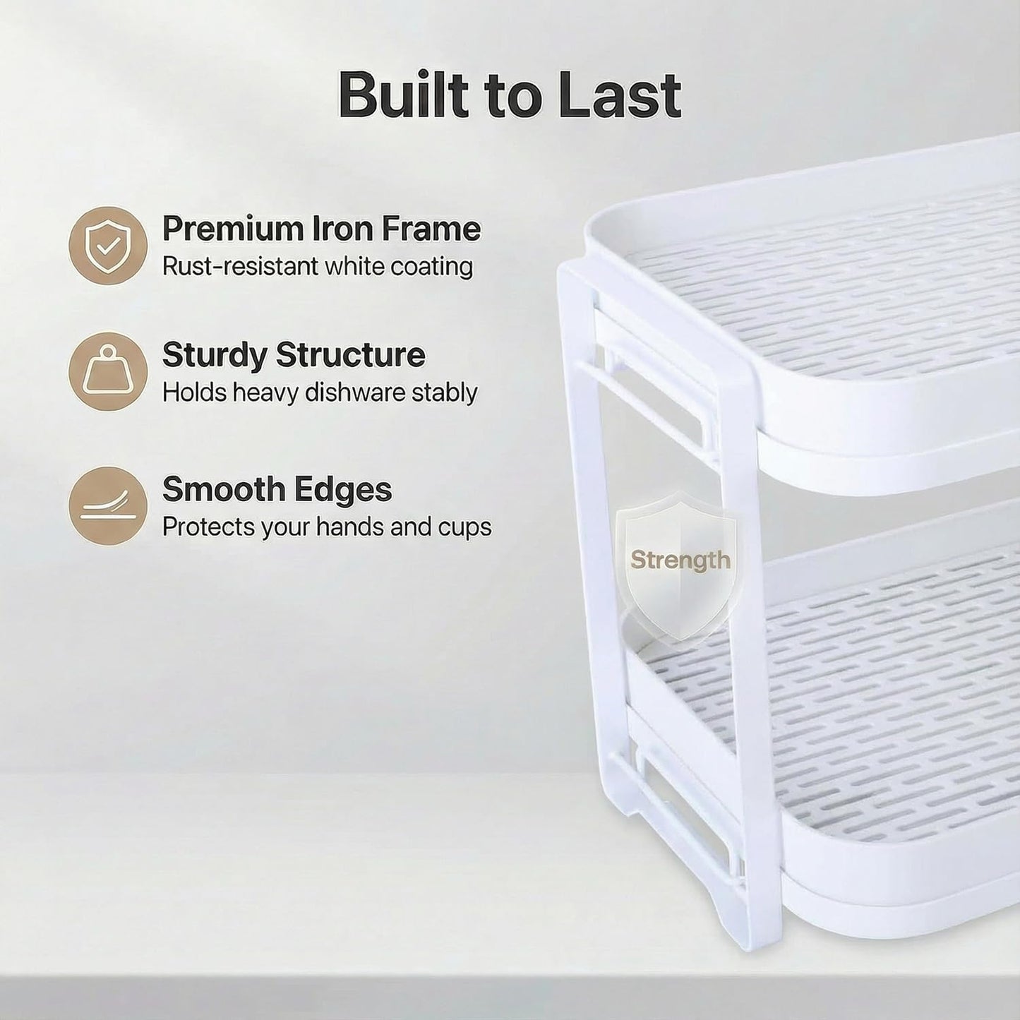 2-Tier Cup Drying Rack with Removable Drainboard, Rust-Proof Iron Mug Organizer, Multi-Purpose Bottle Drying Stand for Baby Bottles, Fruits, Vegetables, Countertop Space Saver, White