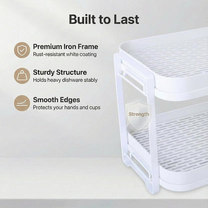 2-Tier Cup Drying Rack with Removable Drainboard, Rust-Proof Iron Mug Organizer, Multi-Purpose Bottle Drying Stand for Baby Bottles, Fruits, Vegetables, Countertop Space Saver, White