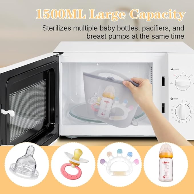 Silicone Microwave Steam Sterilizer Bag 1500ML Reusable Steaming Bags for Baby Bottles, Breast Pump,Pacifiers and Teethers，Breast Feeding Baby Travel Accessories