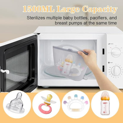 Silicone Microwave Steam Sterilizer Bag 1500ML Reusable Steaming Bags for Baby Bottles, Breast Pump,Pacifiers and Teethers，Breast Feeding Baby Travel Accessories