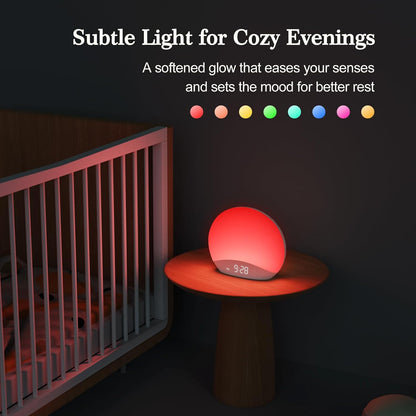 REACHER Wood Grain Sunrise Alarm Clock and Sound Machine Nightlight, Digital Dimmable Clock for Bedroom, 26 Sleep Sounds, White Noise Machine for Baby, Adults, Wake Up Light Alarm Clock for Kids