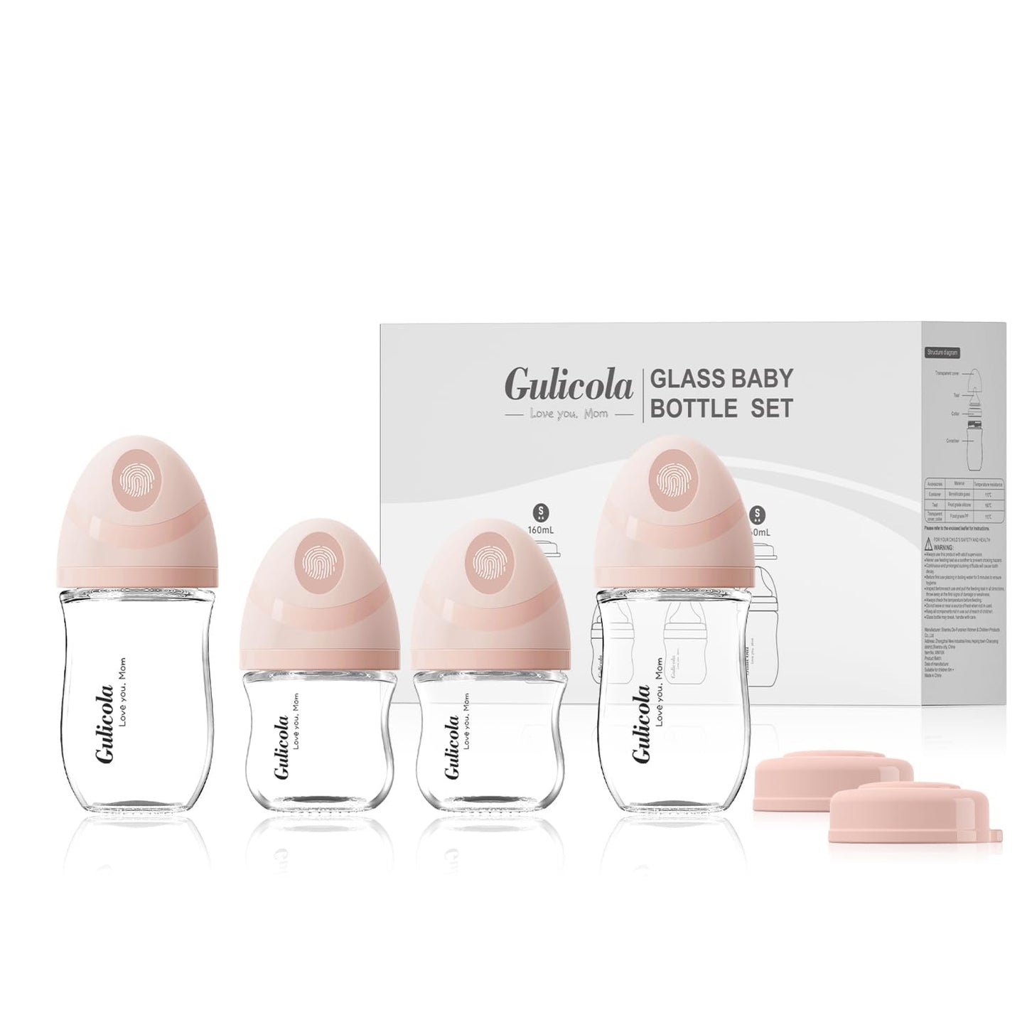 Gulicola Natural Glass Baby Bottles Set 4 Pack, Newborn Boy Breastfeeding Bottles with Slow Flow Nipples, 0 Months+, 3 oz & 5 oz - Black/White