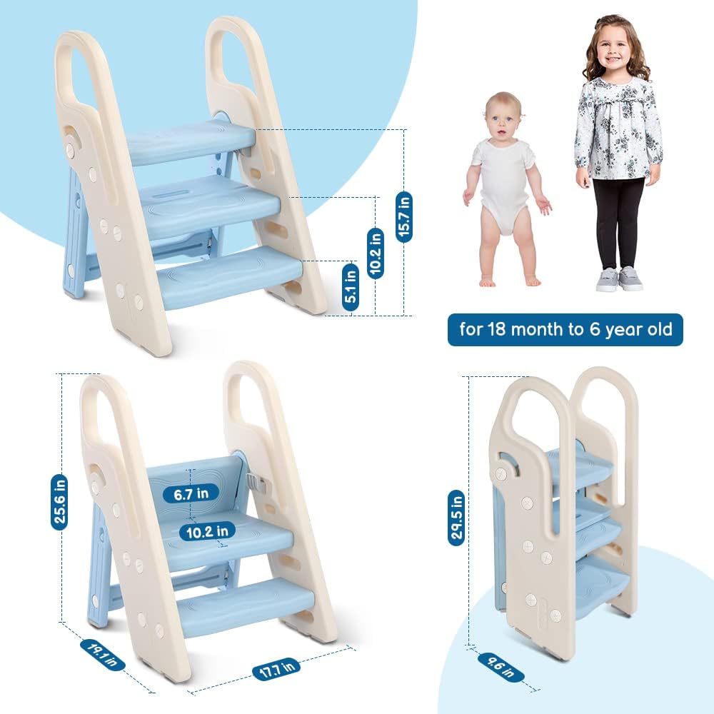 Onasti Foldable Toddler Step Stool for Bathroom Sink, Adjustable 3 Step Stool for Kids Toilet Potty Training Stool with Handles, Child Kitchen Counter Stool Helper, Plastic Ladder for Toddlers Pink