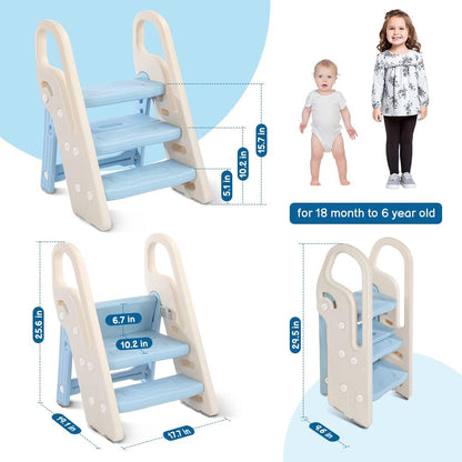 Onasti Foldable Toddler Step Stool for Bathroom Sink, Adjustable 3 Step Stool for Kids Toilet Potty Training Stool with Handles, Child Kitchen Counter Stool Helper, Plastic Ladder for Toddlers Pink
