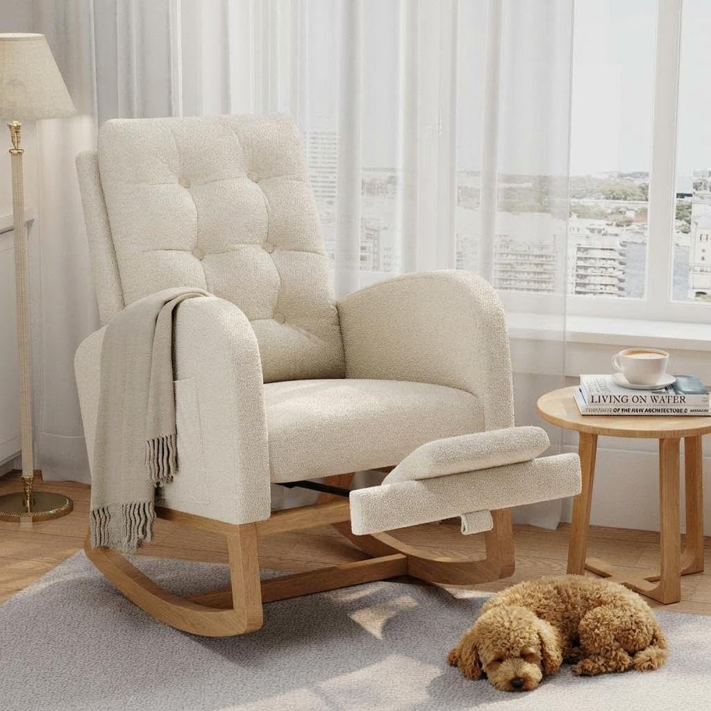 Modern Rocking Chair for Living Room, Comfortable Recliner Rocker with Side Pocket, Soft Linen Upholstered Glider Chair for Bedroom, Nursery, Lounge-Grey