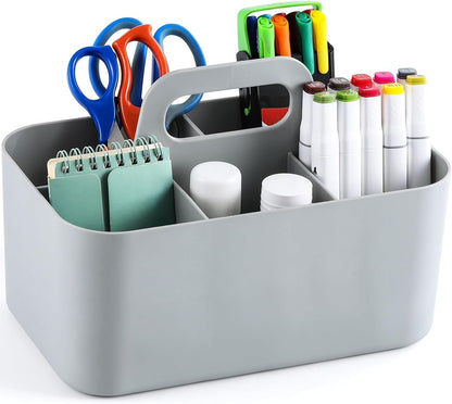 Multiuse Caddy Organizer with Handle, Portable Divided Plastic Tote Bin - Art Craft, Stationary Pen Marker Crayons, Makeup Hair Supplies Storage - Bathroom, Classroom, Dorm, Office, Desk Holder - Pink