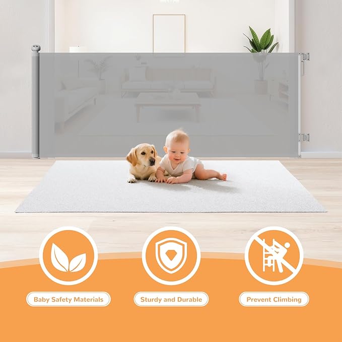 Retractable Mesh Baby Gate for Large Openings - 34" Tall Extends to 71", Stair Gate with Anti-Crawling Hook and Adjustable Baseboard Bracket, Baby Gate for Stairs, Doorways, Gray