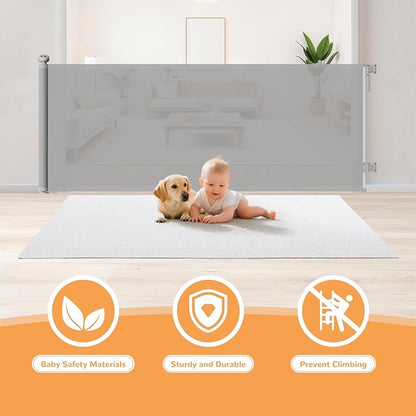 Retractable Mesh Baby Gate for Stairs - 34" Tall Extends to 55", Space Saving Dog Gate with Anti-Crawling Hook and Adjustable Baseboard Bracket, Baby Gate for Doorways, Hallways, Gray