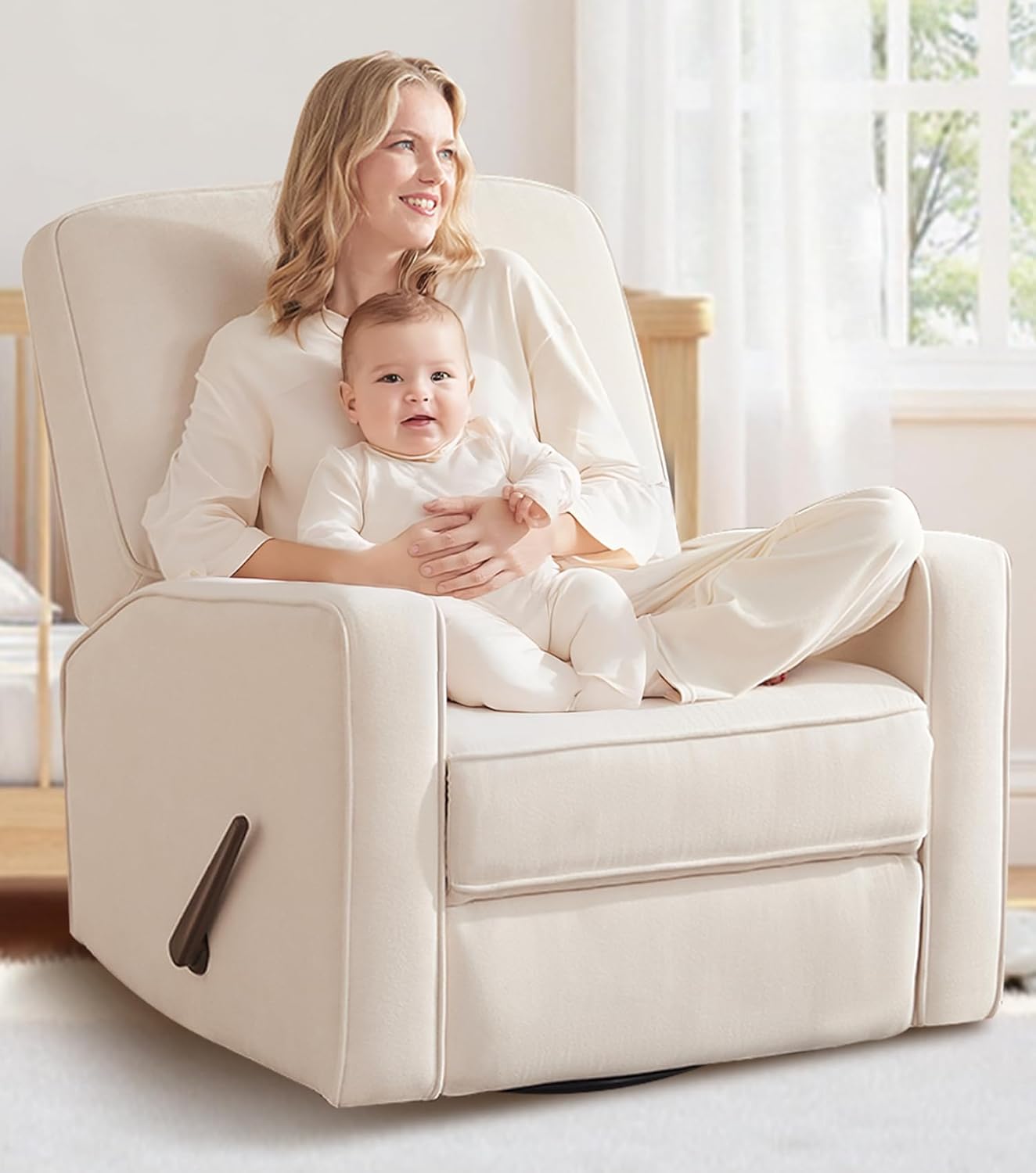 Tbfit Nursery Rocking Chair,360°Swivel Recliner Chair with Lumbar Support for Bedroom, Comfy Upholstered Armchair with Pillows & Footrest for Living Room & Baby Room
