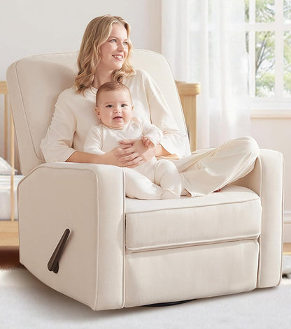 Tbfit Nursery Rocking Chair,360°Swivel Recliner Chair with Lumbar Support for Bedroom, Comfy Upholstered Armchair with Pillows & Footrest for Living Room & Baby Room