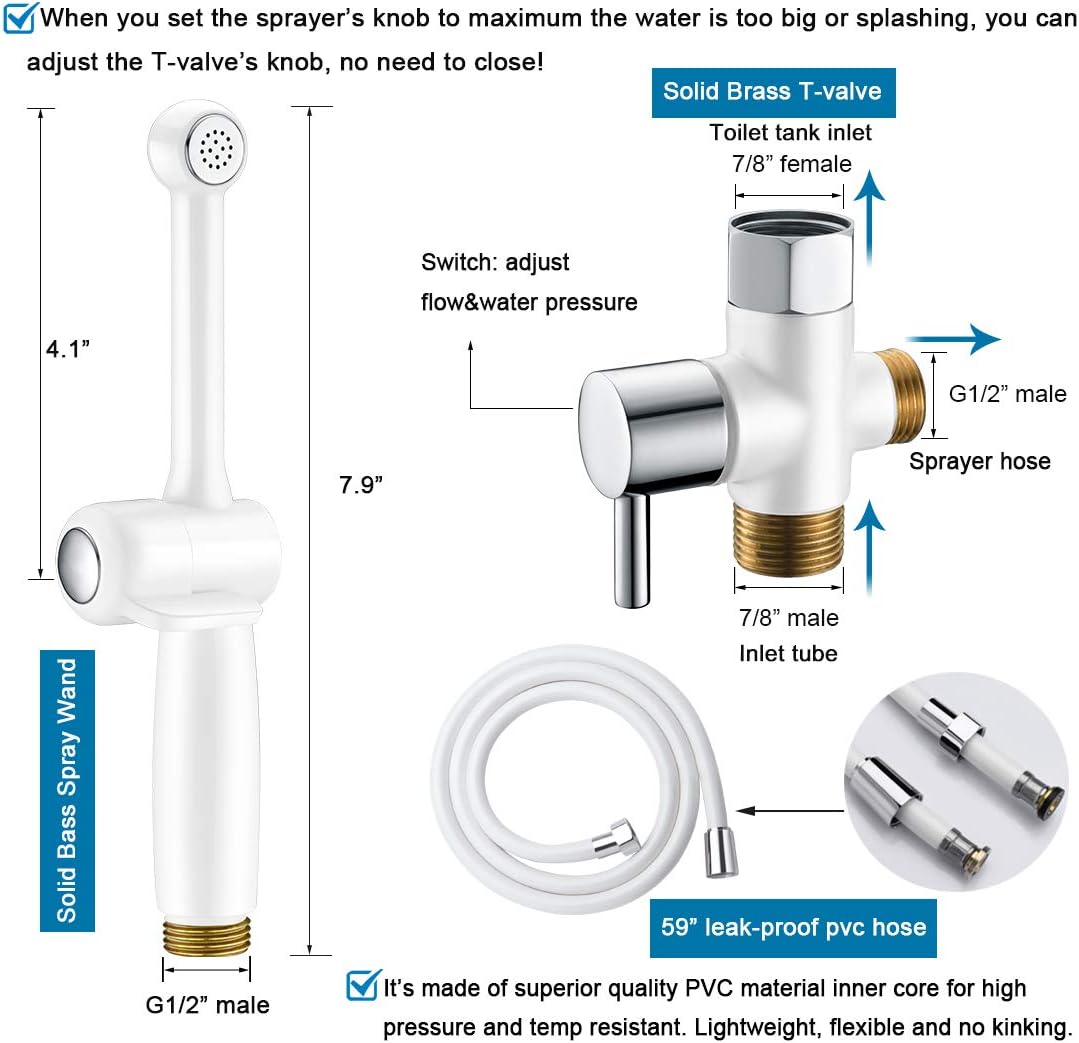 Handheld Bidet Toilet Sprayer, White Bidet Spray for Toilet, Cloth Diaper Sprayer with Backflow Preventer, Adjustable Water Jet Spray with 7.9" Long Wand
