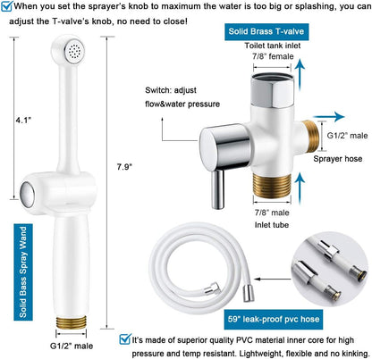 Handheld Bidet Toilet Sprayer, White Bidet Spray for Toilet, Cloth Diaper Sprayer with Backflow Preventer, Adjustable Water Jet Spray with 7.9" Long Wand